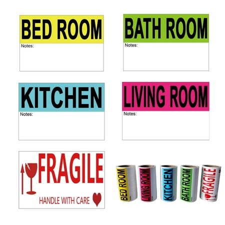 300 Count 3 x 2 Inch Home Moving Labels for 1 Bedroom House Apartment, 5 Large Color Coded Adhesive Room Label Sticker Rolls with Fragile Label for Moving Wardrobe Boxes Moving Packing Supplies