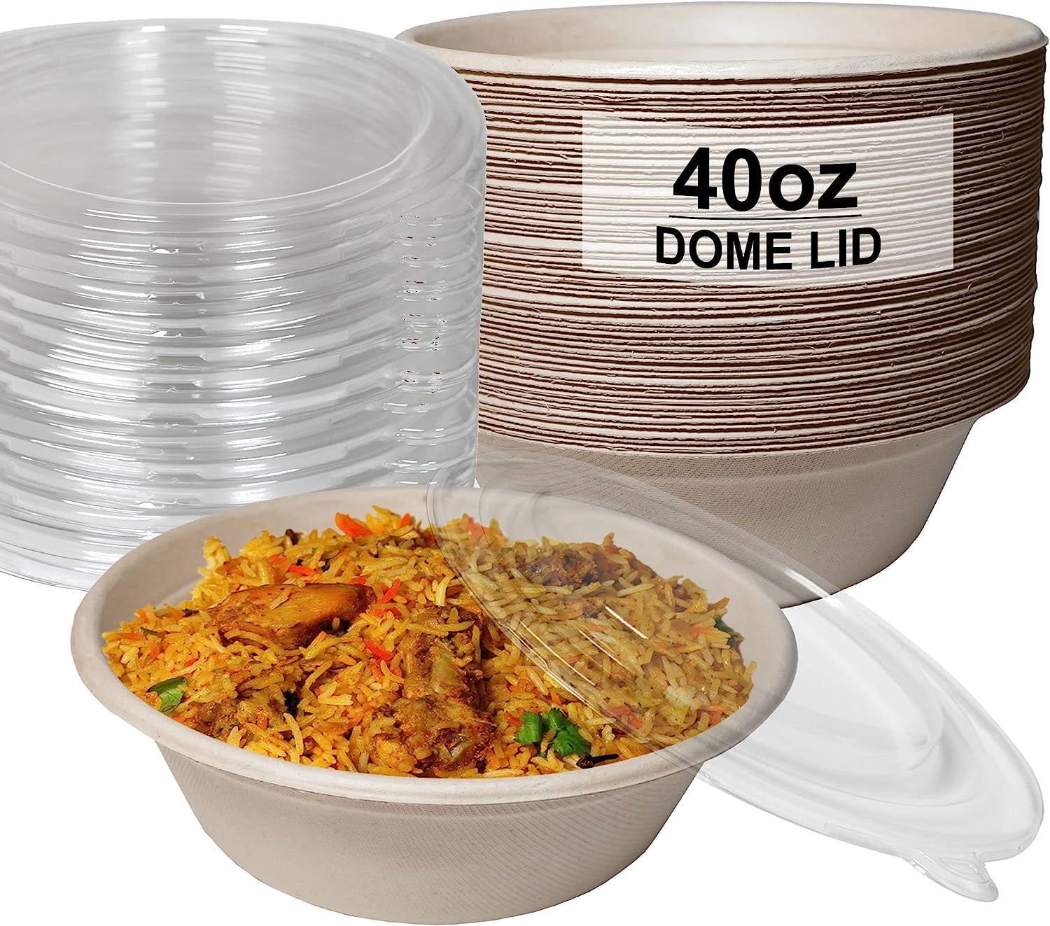 300 Count 40oz Round Disposable Bowls with Dome Lids Natural Sugarcane Bagasse Bamboo Fibers Sturdy Compostable Eco Friendly Environmental Paper Plastic Bowl Alternative Tree Free