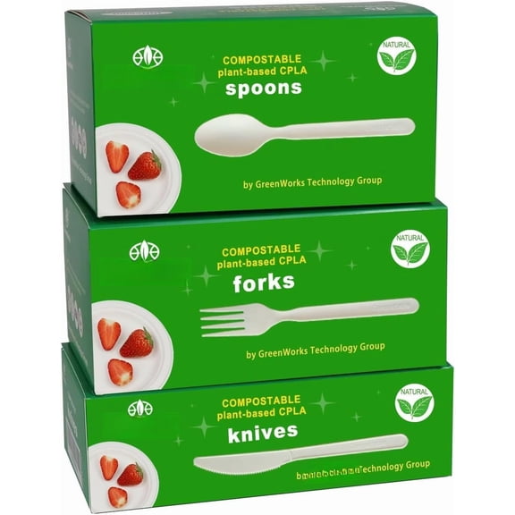 300 Count 7" Heavy-duty Compostable Cutlery Set,100 Forks 100 Spoons 100 ,BPI Certified Large t Disposable Bio-based Cutlery