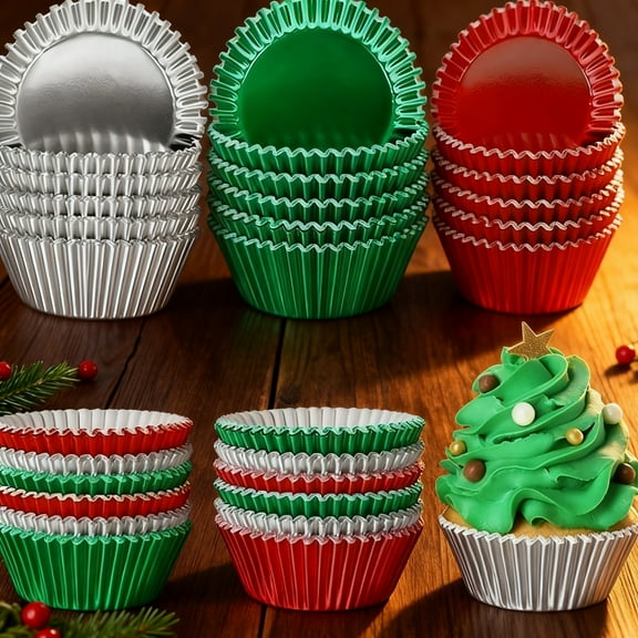 300 Count Christmas Foil Cupcake Liners 2 Inch Cupcake Wrappers Paper Bake Cup Set Foil Muffin Liners for Independence Day Christmas Party Supplies(Green, Red, Sliver)