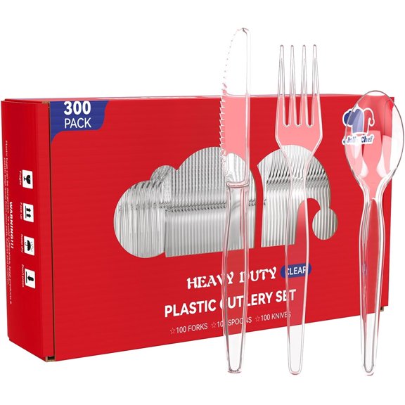 300 Count Clear Plastic Silverware, 100 Forks, 100 Spoons, 100 Knives, Heavy Duty Disposable Plastic Cutlery Set, Plasticware Bulk, Premium Clear Utensils for Party, Christmas
