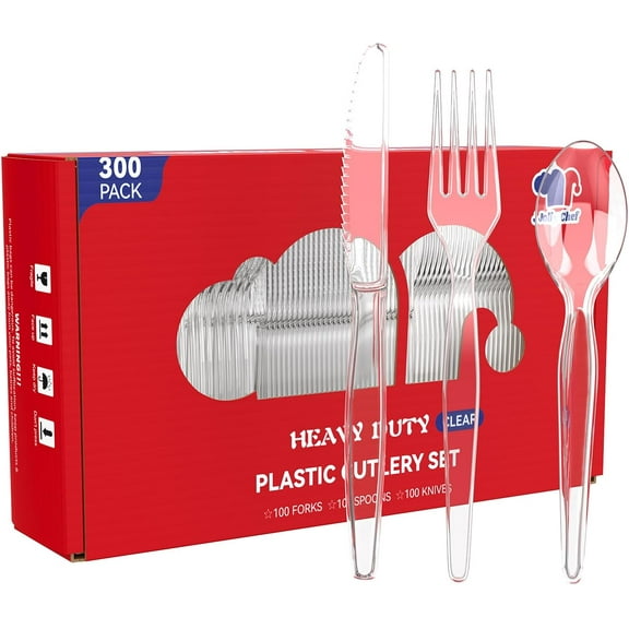 300 Count Clear Plastic Silverware, 100 Forks, 100 Spoons, 100 Knives, Heavy Duty Disposable Plastic Cutlery Set, Plasticware Bulk, Premium Clear Utensils for Party, Christmas