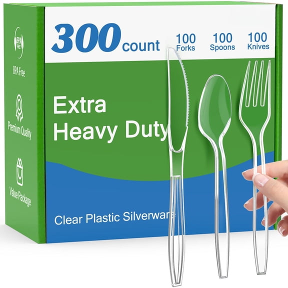 300 Count Extra Heavy Duty Clear Plastic Silverware 100 Forks 100 Spoons 100 Heat Resistant Disposable Utensils Set Cutlery Plasticware Bulk