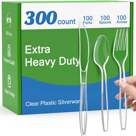 300 Count Extra Heavy Duty Clear Plastic Silverware, 100 Forks, 100 Spoons, 100 Knives, BPA-Free, Heat Resistant, Disposable Plastic Utensils Set, Plastic Cutlery Set, Plasticware Bulk