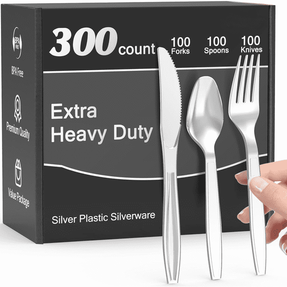 300 Count Extra Heavy Duty Silver Plastic Silverware, 100 Forks, 100 Spoons, 100 Knives, BPA-Free, Heat Resistant, Disposable Plastic Utensils Set, Plastic Cutlery Set, Plasticware Bulk