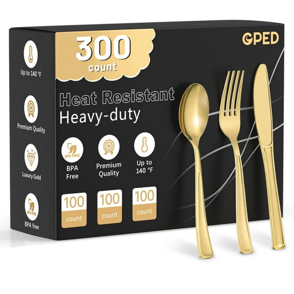 GPED 300 Count Gold Plastic Silverware Set, Heavy Duty Disposable Cutlery Set, Includes 100 Forks, 100 Spoons, 100 Knives, Heat Resistant & BPA Free Disposable Silverware for Party Supply