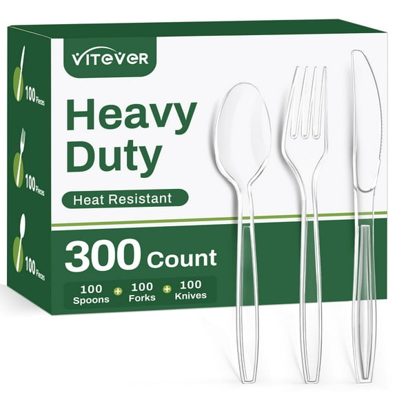 300 Count Heavy Duty Clear Plastic Silverware, Disposable Plastic Utensils Set, 100 Forks, 100 Spoons, 100 Knives, BPA-Free Heat Resistant Durable Plastic Cutlery Set for Party C113
