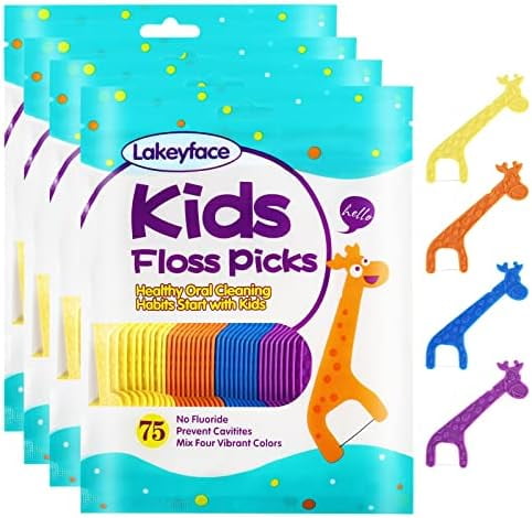 300 Count Kids Flossers, Cute Giraffe Floss Picks, No Fluoride BPA Free Dental Floss Picks, Unflavored, 4 Colors, 75 Count (Pack of 4)