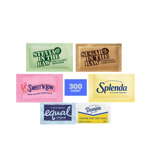 300 Count | Sugar and Sweetener Packets | Sugar Substitute | Pure Cane Sugar | Turbinado Sugar In The Raw | Sweet N Low | Splenda | Domino Sugar | Equal