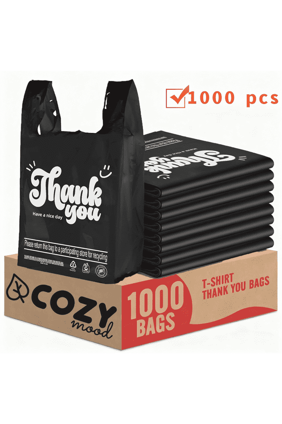 1000 Count Thank You Plastic Bags, Black Grocery Bags with Handles, Ideal for Restaurants, Retail, Grocery Stores, Takeout, Convenience Stores(21 x 12inch)