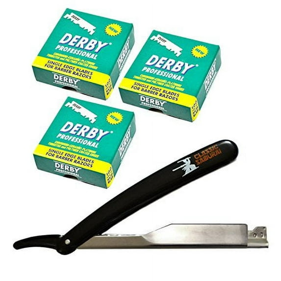 Classic Samurai White straight edge barber razor with 300 Derby Professional single edge blades