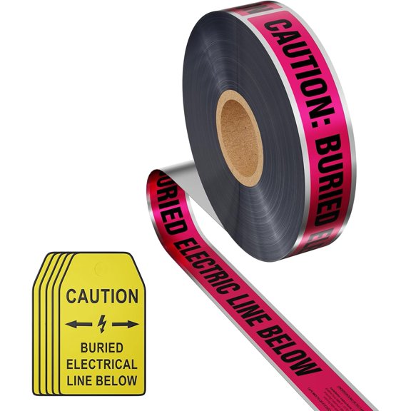 300 Feet Caution Buried Electric Line Below Detectable Safety Tape with Above-Ground Warning Tag, Detectable 2-Inch
