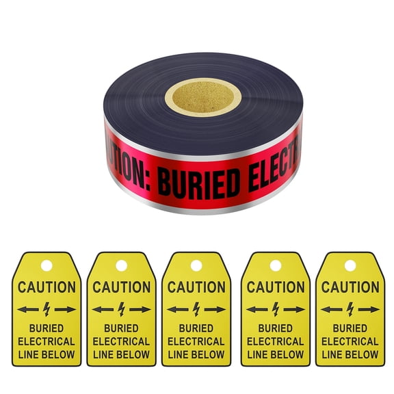 300 Feet Caution Tape“Caution:Buried Electric Line Below” 2 inch by 300 Foot 5 Mil Detectable Safety Tape Red/Black Print with 5 Above Ground Caution Tags
