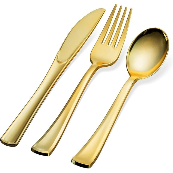 300 Gold Disposable Plastic Flatware Set - 100 Forks, 100 Spoons, 100 Knives - Heavy Duty Silverware for Party Bulk