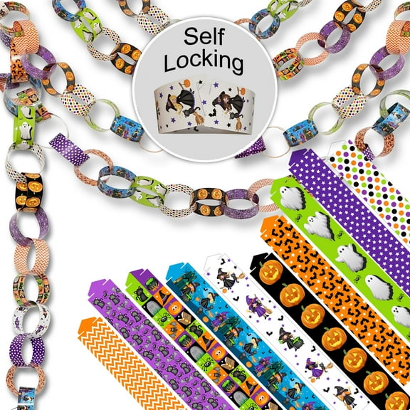 300 Halloween-Themed Paper Chain Strips for Crafting. No Glue or Tape Needed. Kid Friendly & Family Fun. 10 Spooky Patterns. Over 50 Feet of Paper Chains for Party Decorations