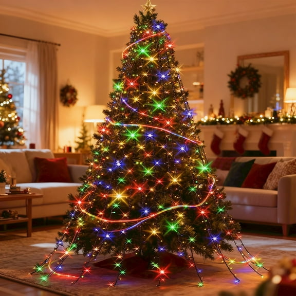 300 LED Circular Ring Christmas Tree Topper Waterfall Light, 10ft Extra Long Cascade Set, Grand Display Modern Xmas Decoration for Commercial & High Ceilings