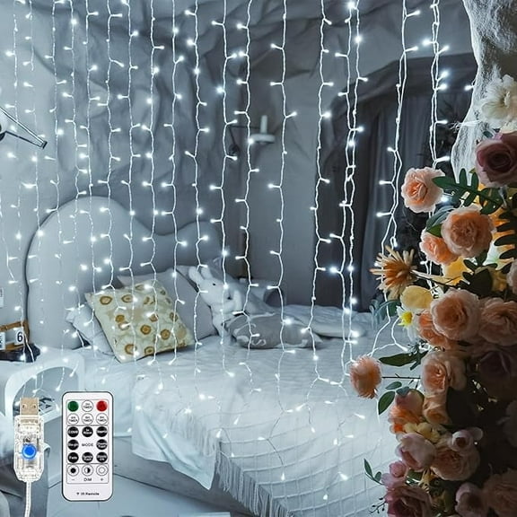 300 LED Curtain Lights 10x10FT Indoor Bedroom Wall Window Fairy Lights Perfect for Outdoor Christmas Wedding Decor New Year Celebration(Cool White)