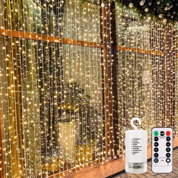 echosari 300 LED Curtain Lights Battery Operated, 9.8ft9.8ft Hanging Light with Remote Timer Fairy for Bedroom Patio Wedding Backdrop Party Decr (Warm White)