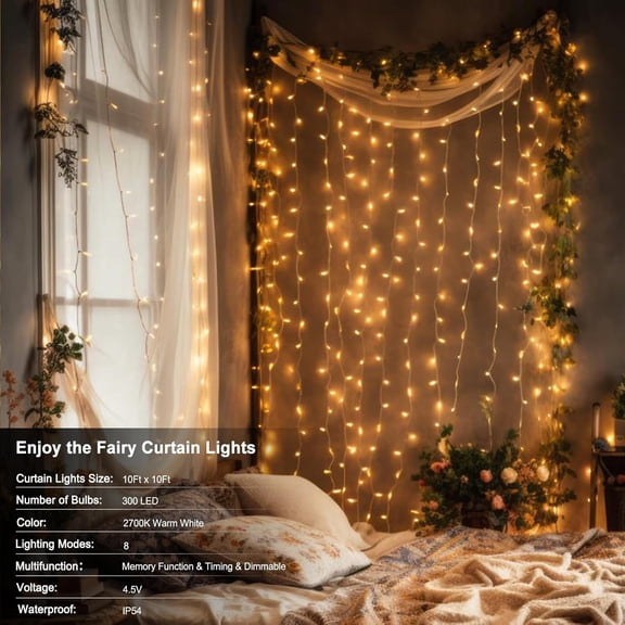 300 LED Curtain String Lights Battery Operated, 9.8ft x 9.8ft Hanging Lights Strip with Remote Timer, Fairy Curtain Lights for Bedroom, Patio, Wedding Background, Party Decoration (Warm White)
