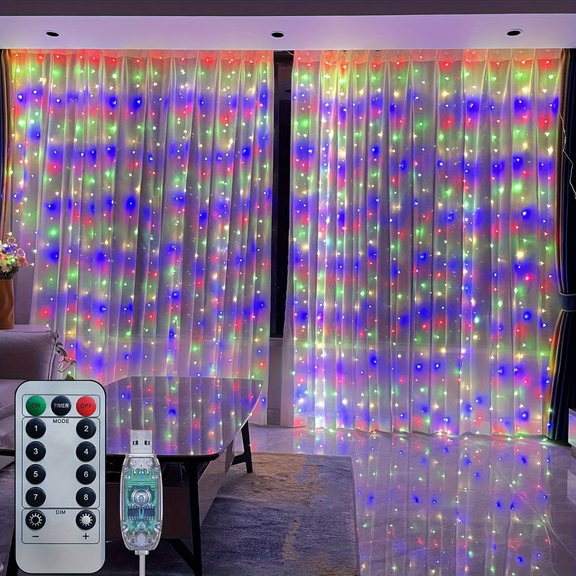 300 LED Fairy Curtain Lights, 9.8 x 9.8 ft USB-Powered Window String Lights with Remote, 8 Modes, Timer, Dimmable, IP44 Silver Wire