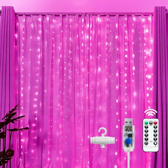 300 LED Fairy Curtain Lights, 9.8ft x 9.8ft Curtain String Lights, USB Plug in 8 Lighting Modes LED Christmas String Hanging Lights with Remote for Bedroom Indoor Outdoor Weddings Party Xmas