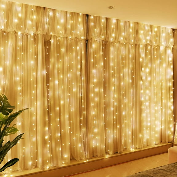 300 LED Light Curtain 9.84ft X 9.84ft USB Lights Curtain With 8 Modes Remote Control Adjustable Brightness Bedroom Window Indoor Outdoor,Yellow/9.84ftx9.84ft