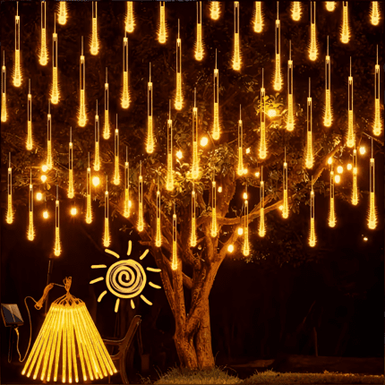 300 LED Solar Meteor Shower Lights, 10 Tubes Outdoor Falling Rain Icicle String Lights, Warm White, IP44 Waterproof for Christmas Tree, Patio, Yard