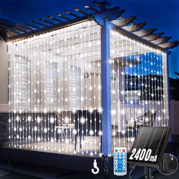 300 LED Solar Waterfall String Lights Outdoor with Remote Control, USB Rechargeable Twinkling Fairy Lights for Garden, Patio & Gazebo Decor