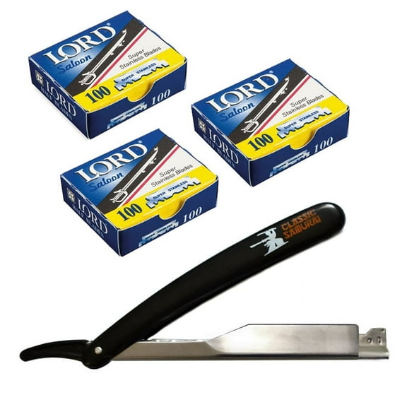 300 Lord Single Edge Razor Blades with Classic Samurai Barber Straight Edge Razor