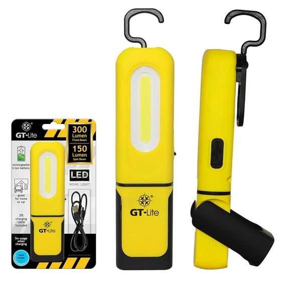 GT-Lite Rechargeable LED Work Light Flashlight, 300 Lumens, 3 Modes, Magnetic Base, USB Charging, for Garage, Car, Camping