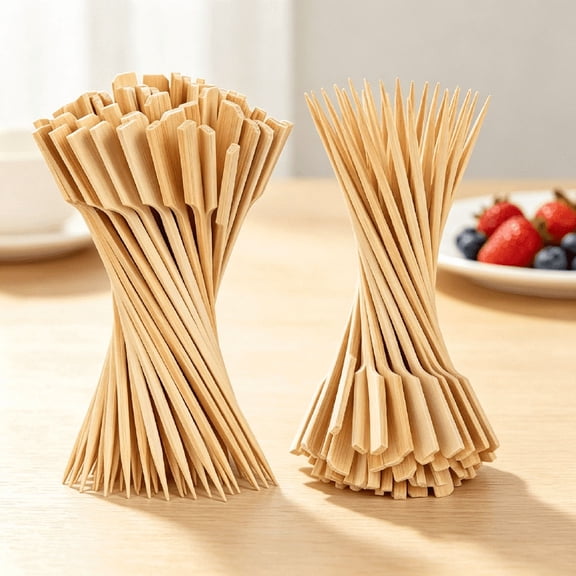 300 Natural Bamboo Skewers 4.7 Inch, Wooden Paddle Picks for Appetizers, Cocktail Drinks, BBQ, Sandwiches, Snacks, Party Food Toothpicks