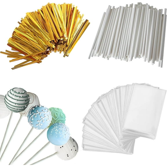 300 PCS Cake Pop Sticks and Wrappers Kit Including 100ct 6-inch Cake Pop Paper Lollipop Sticks, 100ct Clear Candy Treat Bags, 100ct Gold Twist Ties for Cake Pops, Lollipops, Candy, Chocolate