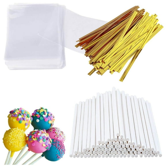 300 PCS Cake Pop Sticks and Wrappers Kit, Including 100ct 6-inch Paper Lollipop Sticks, 100ct Clear Candy Treat Bags Parcel, 100ct Gold Twist Ties for Cakepop, Lollipop, Hard Candy