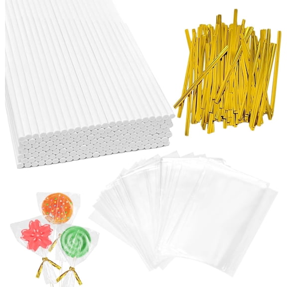 300 PCS Cake Pop Sticks and Wrappers Kit, Including 100ct 6-inch Paper Lollipop Sticks, 100ct Clear Treat Bags, 100ct Gold Twist Ties for Hard Candy, Chocolate, Sucker, Desserts