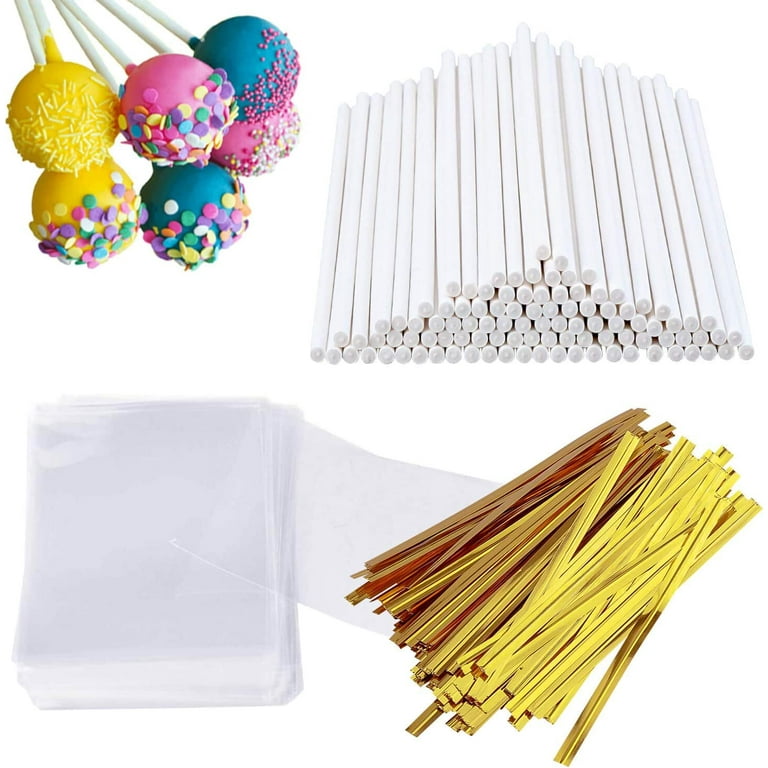 300 PCS Cake Pop Sticks and Wrappers Kit, Including 100ct 6-inch Paper  Lollipop Sticks, 100ct Clear Candy Treat Bags Parcel, 100ct Gold Twist Ties  for Cakepop, Lollipop, Hard Candy, Suckers, Chocolate 