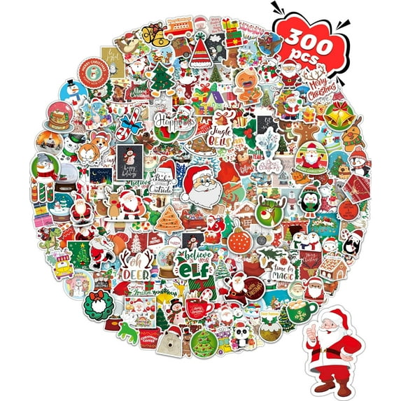 300 PCS Christmas Stickers , Christmas Party Favors Stocking Stuffers Vinyl Water Bottles Stickers Crafts Gifts for Classroom Students Holiday Sticker for Teens Adults