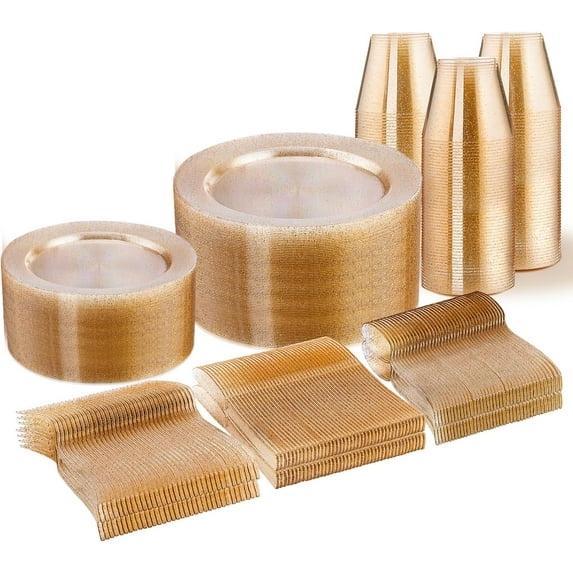 300 PCS Gold Glitter Dinnerware Set for 50 Guests, Disposable Plastic Plates for Party, 50 Dinner Plates, 50 Salad Plates, 50 Cups Forks Knives Spoons for Wedding and Party Supplies