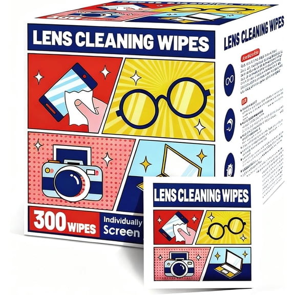 300 PCS Lens Cleaning Wipes for Eyeglasses, Glasses Cleaner for Glasses/Sunglasses, Phones, iPads, Eyeglasses, Tablets, Laptops, Computers, Mirrors, Lens Wipes Individually Wrapped, 6 * 12cm