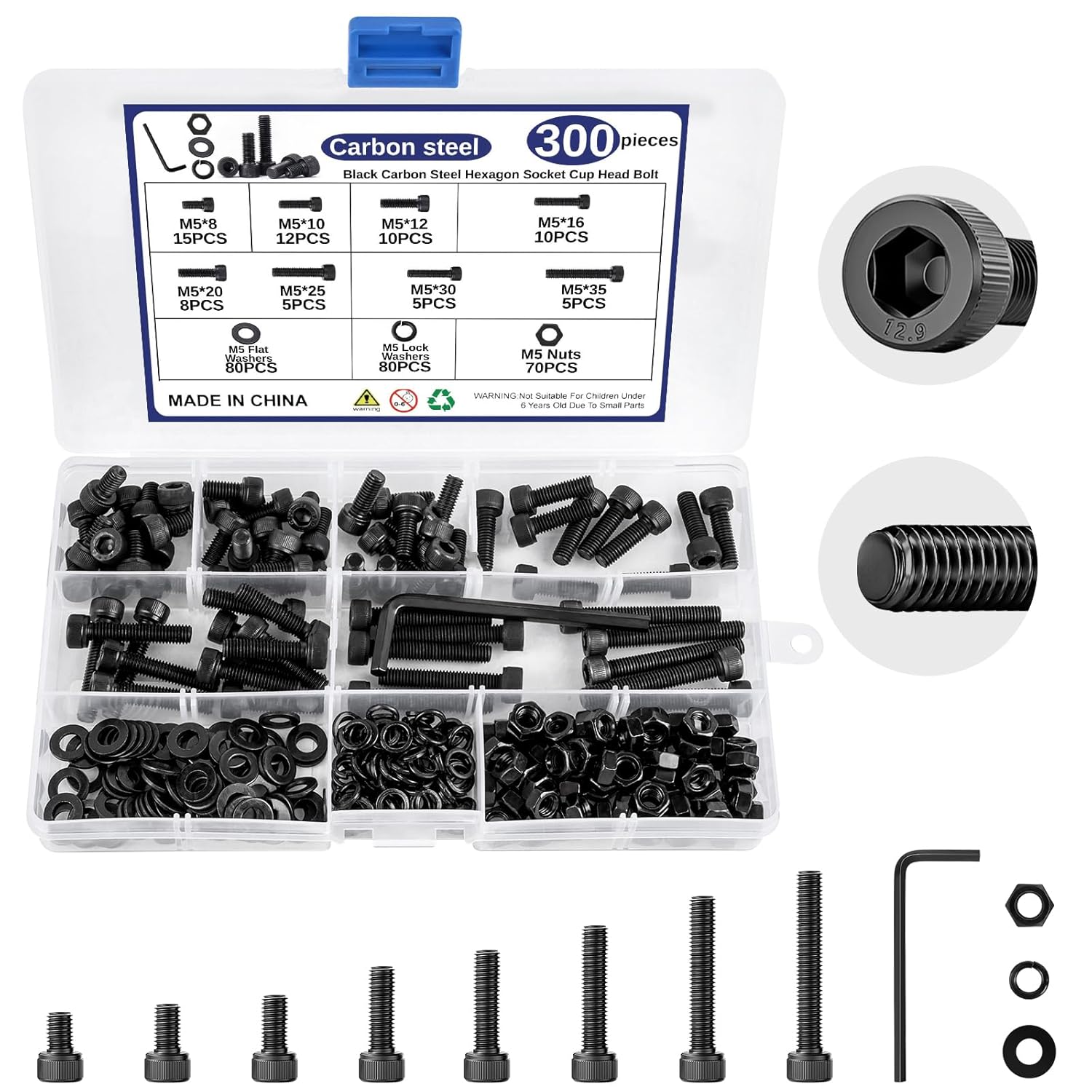 Antihex 300 PCS M5 Metric Screw Assortment, M5 Screw Carbon Steel Hex Socket ...