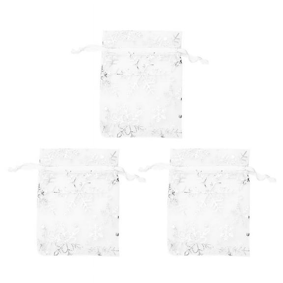 300 PCS Organza Wedding Gift Bags Drawstring Jewelry Pouch Bags Silver White Snowflakes Printed Sheer Favor Bags