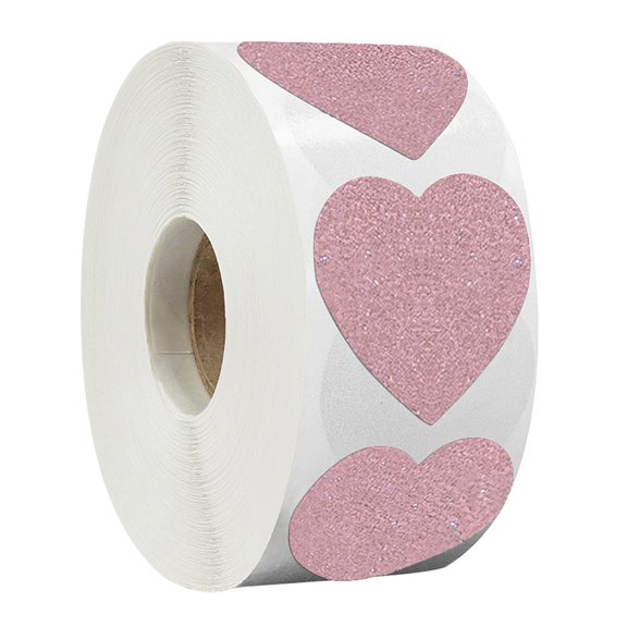 300 PCS Pink Glitter Heart Stickers Roll, Self Adhesive Sparkling Heart Labels, Waterproof Reflective Heart Stickers, for Valentine's Day Wedding Gift Wrap Envelope Seals