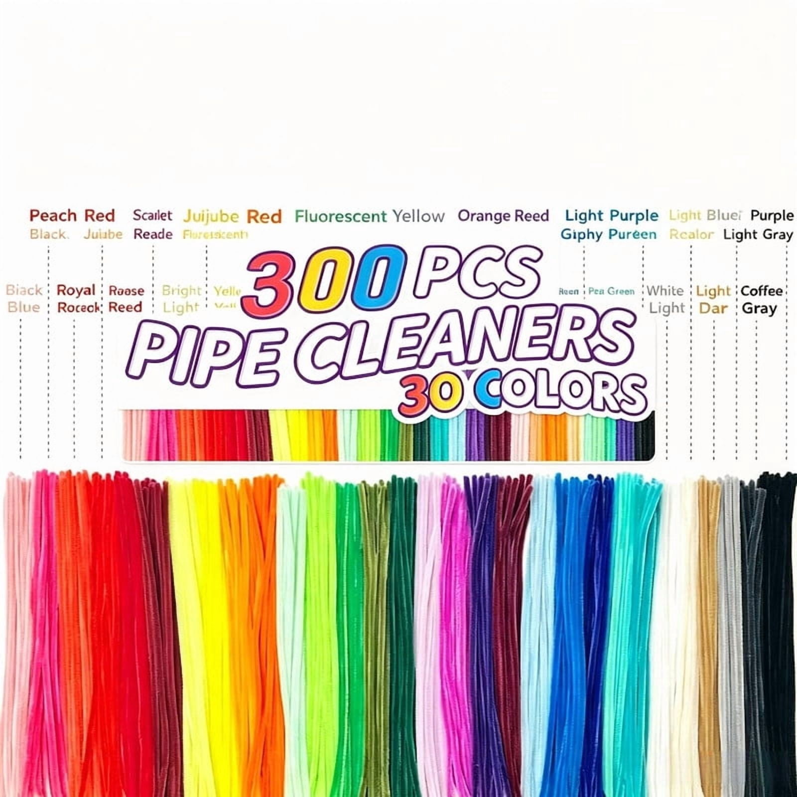 300 PCS Pipe Cleaners, 30 Colors Chenille Stems for Crafts, 12" 6mm Fluffy Pipe Cleaners for DIY Flower, Animal Crafts, Art Supplies, Classroom