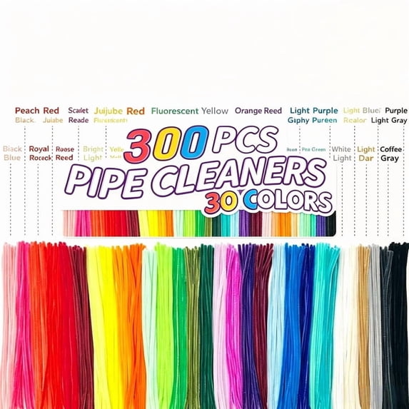 300 PCS Pipe Cleaners, 30 Colors Chenille Stems for Crafts, 12" 6mm Fluffy Pipe Cleaners for DIY Flower, Animal Crafts, Art Supplies, Classroom