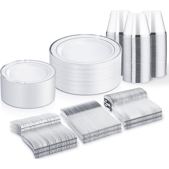 300 PCS Silver Dinnerware Set for 50 Guests, Gold and White Disposable Plastic Plates for Party, 50 Dinner Plates, 50 Salad Plates, 50 Cups Forks Knives Spoons for Wedding and Party Supplies