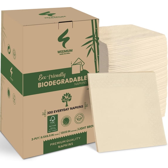 300 Pack 2-Ply Compostable Napkins - FSC Certified 6.5x6.5 Inch Folded Post Consumer Recycled - Highly Absorbent Eco-Friendly, Disposable Biodegradable for Dining & Events