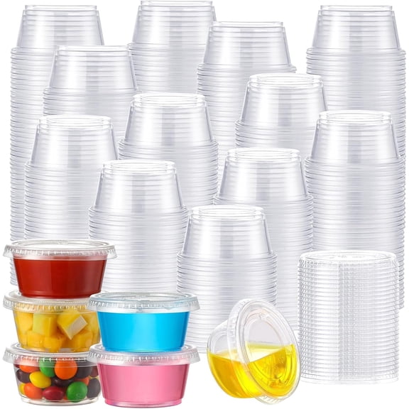300 Pack 2 oz Jello Shot Cups with Lids, Stackable Food Safe Disposable Plastic Portion Condiment Dipping Sauce Cups, Small Containers for Salad Dressing
