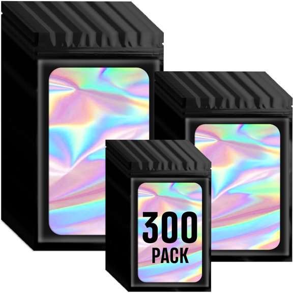 300 Pack 3 Size Mylar Holographic Bags with Clear Window,Resealable Bag Smell Proof Bags Zipper Foil Baggie Packaging Pouch for Food Storage,Sample,Small Business(Black,3x4.7,4x6,4.7x7.9in)