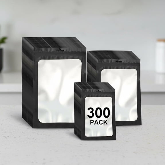 300 Pack 3 Sizes Resealable Mylar Bags Food Storage Smell Proof Bags with Front Window Packaging Pouch for Sample Snack Cookies Jewelry (Black)