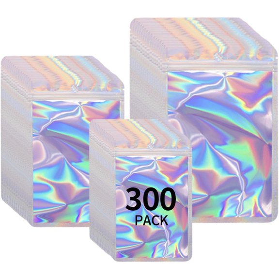 300 Pack 3 Sizes Resealable Mylar Holographic Bags Food Storage Smell Proof Bags with Front Window Packaging Pouch for Cookies Sample Jewelry (Holographic, 3" x 4.7",4" x 6",4.7" x 7.9")