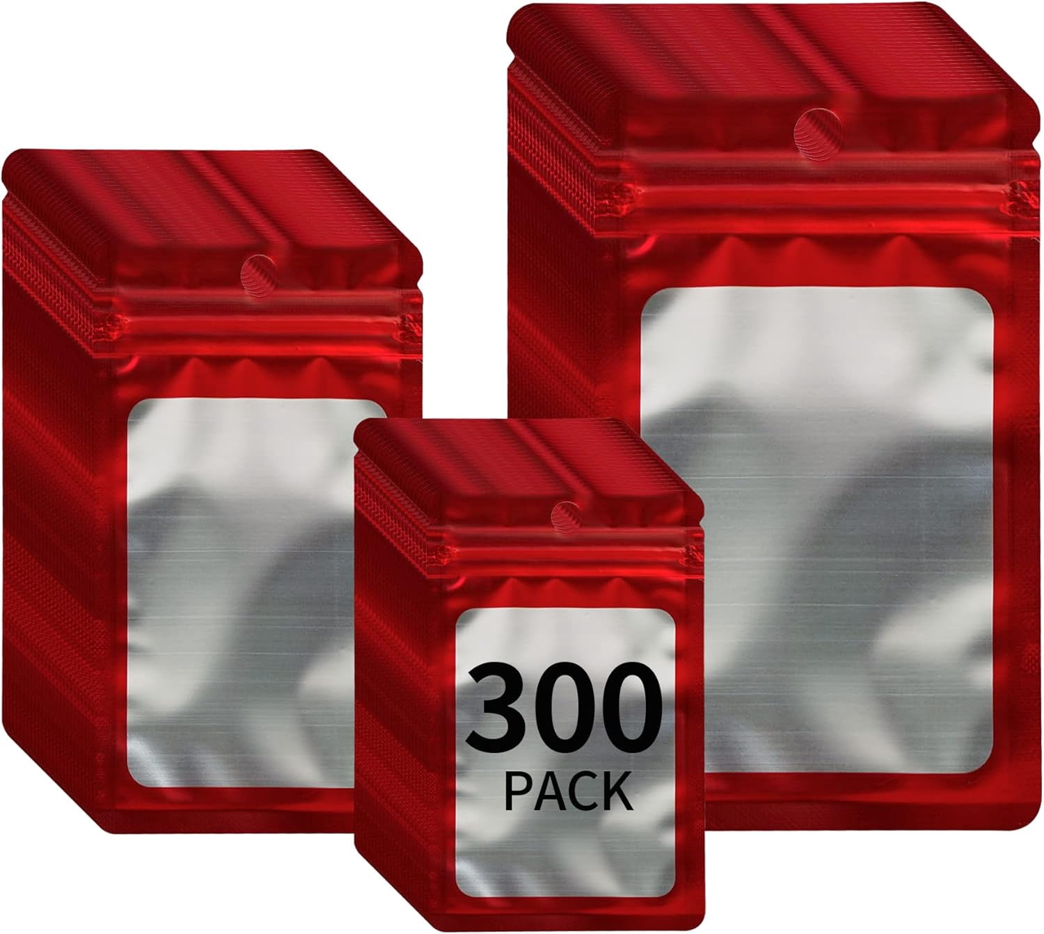 300 Pack 3 Sizes Resealable Mylar Holographic Bags Food Storage Smell Proof Bags with Front Window Packaging Pouch for Cookies Sample Jewelry Snack (Red,3 x 4.7 inch,4 x 6 in,4.7 x 7.9 in)